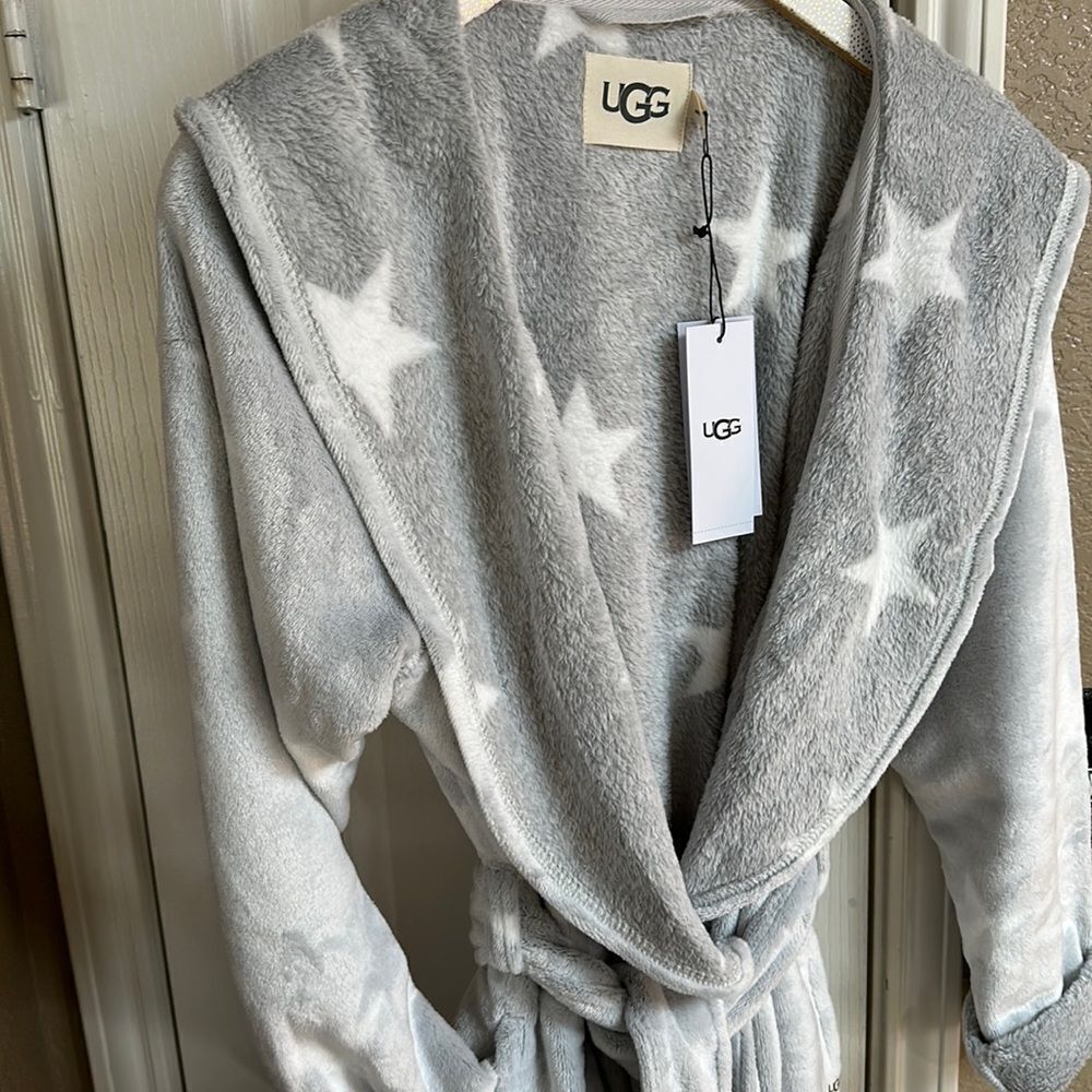 Ugg Grey/White Stars Cozy Fleece Miranda Cozy Fleece Hoodie Belted Wrap Robe NWT - Picture 12 of 17
